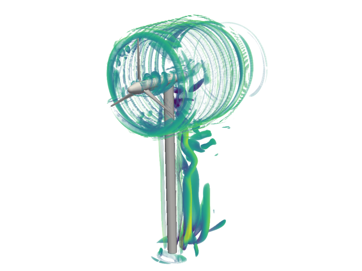 Volume rendering of a wind turbine CFD simulation